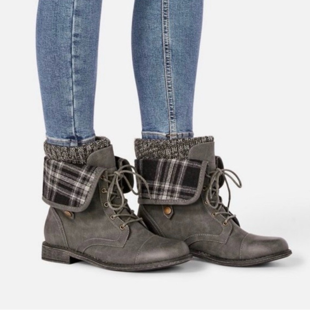 JustFab Brown Plaid Fold-Over Combat Boots